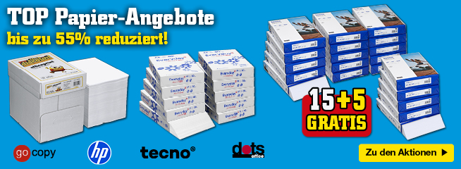 Angebot für Papier mit bis zu 54 Prozent Rabatt, zeigt Stapel von HP, dundee, tecno und dots Papierpackungen, 15 plus 5 Packungen gratis