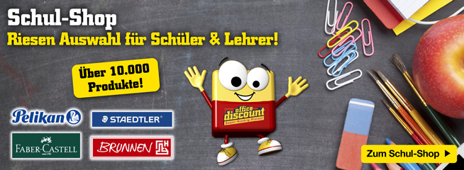 Schul-Shop Werbung mit Text 'Riesen Auswahl für Schüler & Lehrer! über 8.000 Produkte